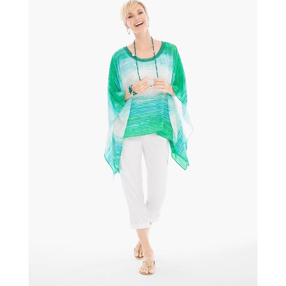 Chico's Poncho Top Beaded Green Ombre Striped Boho Vacation Summer Size S/M - Picture 1 of 15